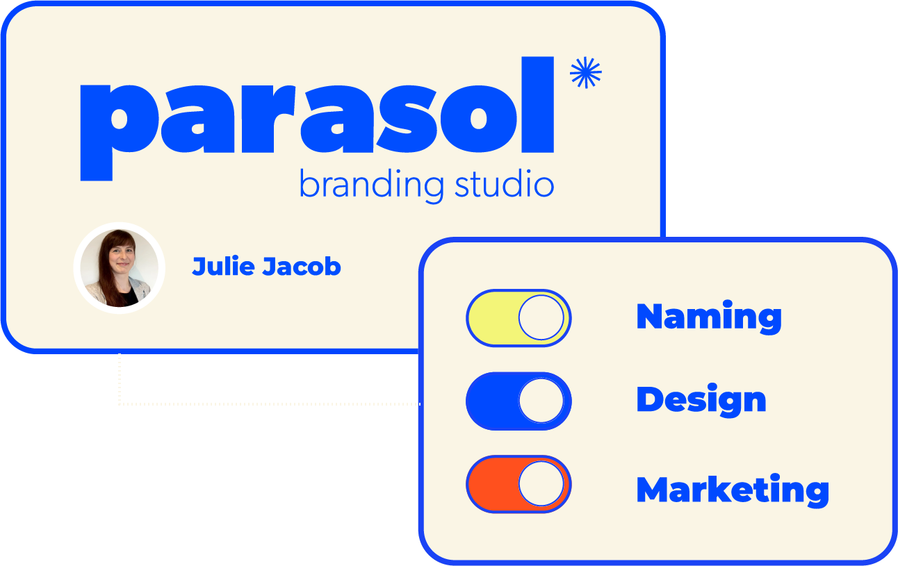 logo parasol studio profil femme long cheveu (julie jacob la fondatrice) avec " toggles naming design marketing
